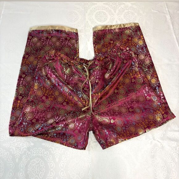 Double Heart Pants - Heart Pants Funky Silk Brocade Floral Pattern Fairy Whimsygoth NWOT Size L